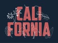 California slogan for t shirt with hand drawn elements. Typography graphics for tee shirt with flamingo, waves, palm trees.